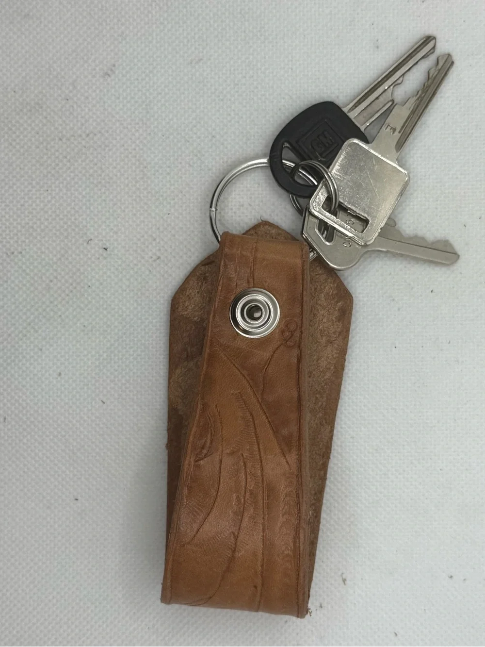Handmade Natural Tan Leather Tooled Key Fob Keychain